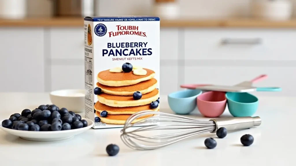 Blueberry pancake mix box with cooking tools and blueberries.