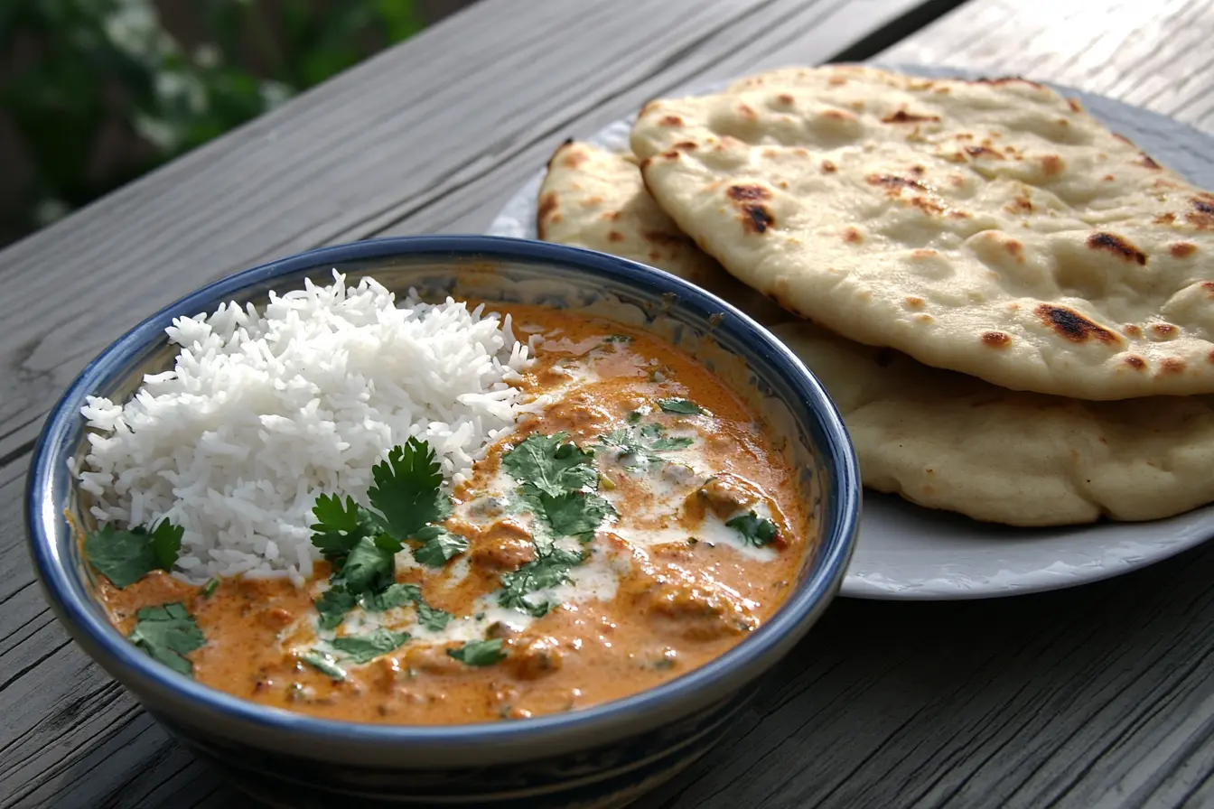 Plate of butter chicken with naan bread and basmati rice.