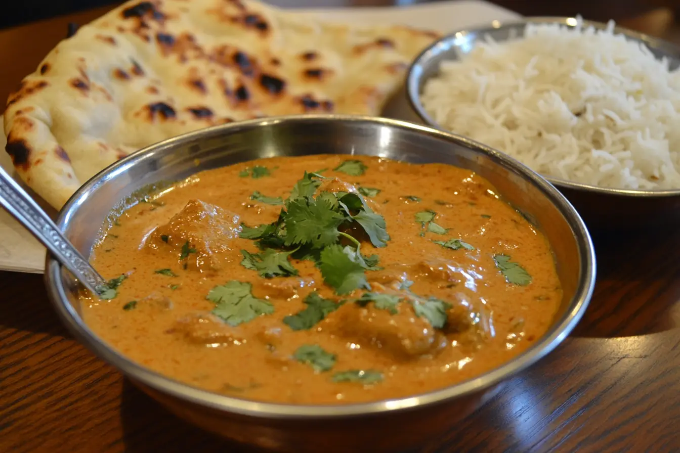 Butter chicken with naan and basmati rice on a wooden table.