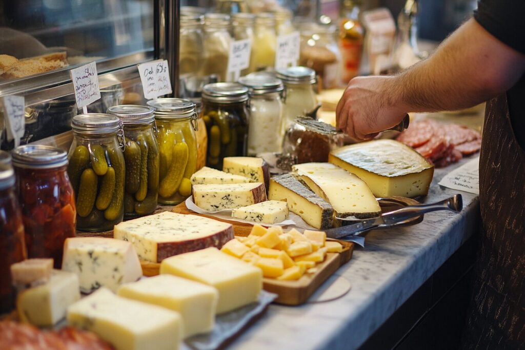 Vintage deli counter with cheese and pickle sandwich ingredients