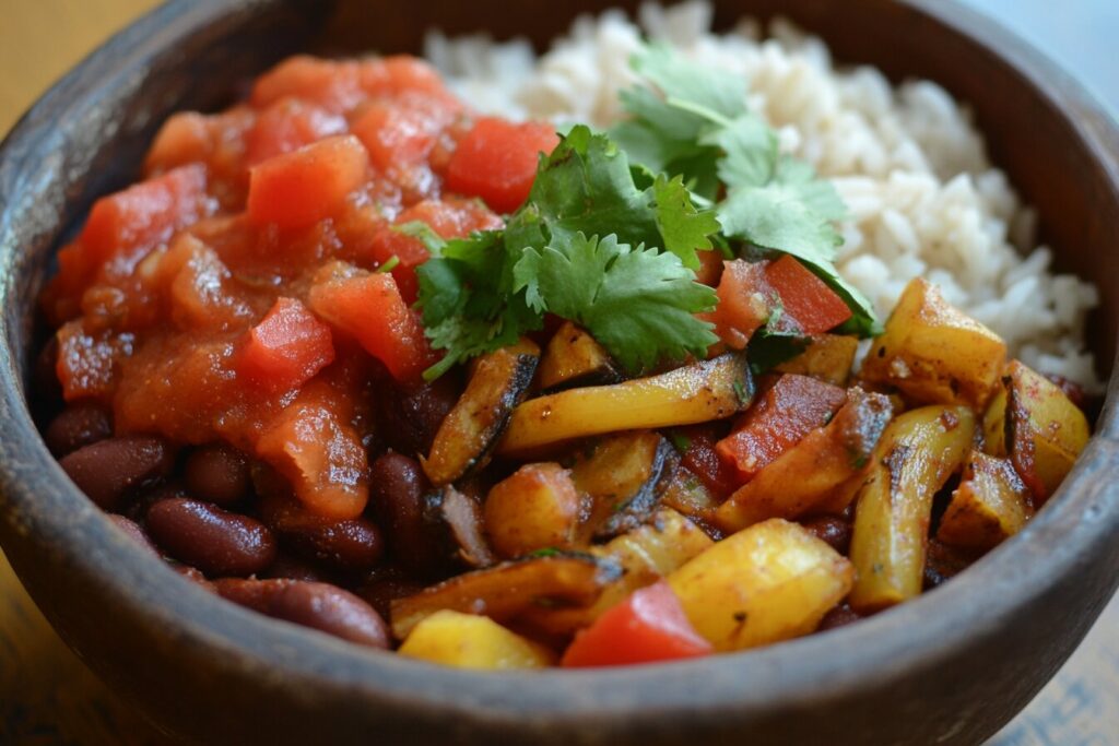 Chipotle-style fajita veggies in a burrito bowl with rice and salsa