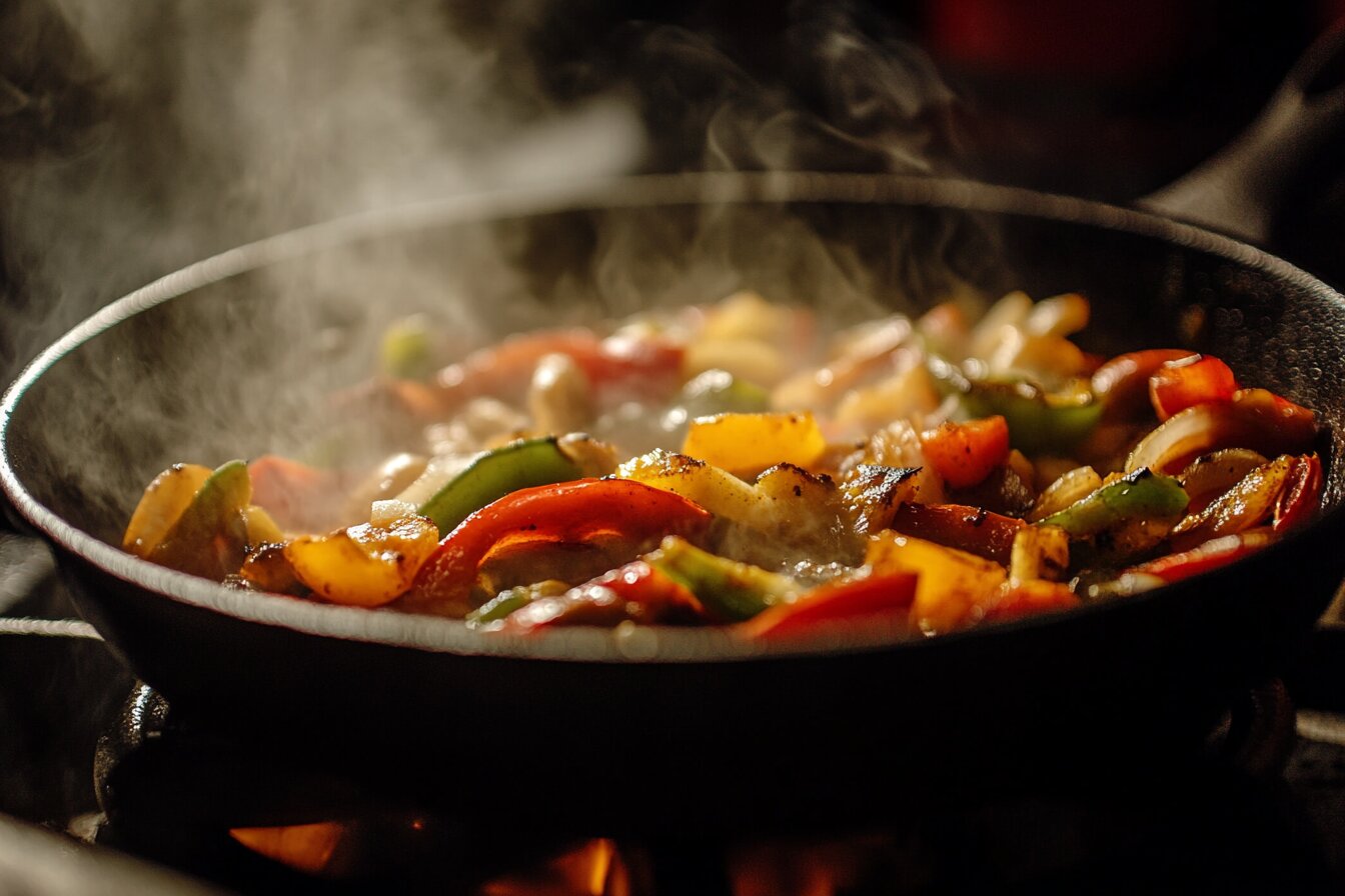 Sizzling Chipotle-style fajita veggies in a skillet