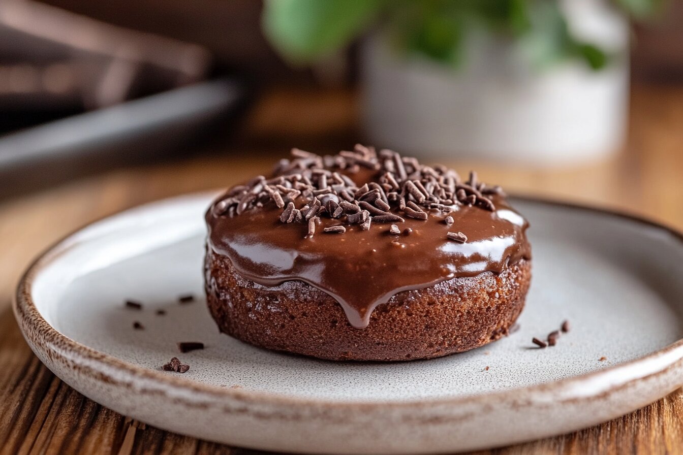 Freshly made chocolate frosted donut with creamy frosting and sprinkles