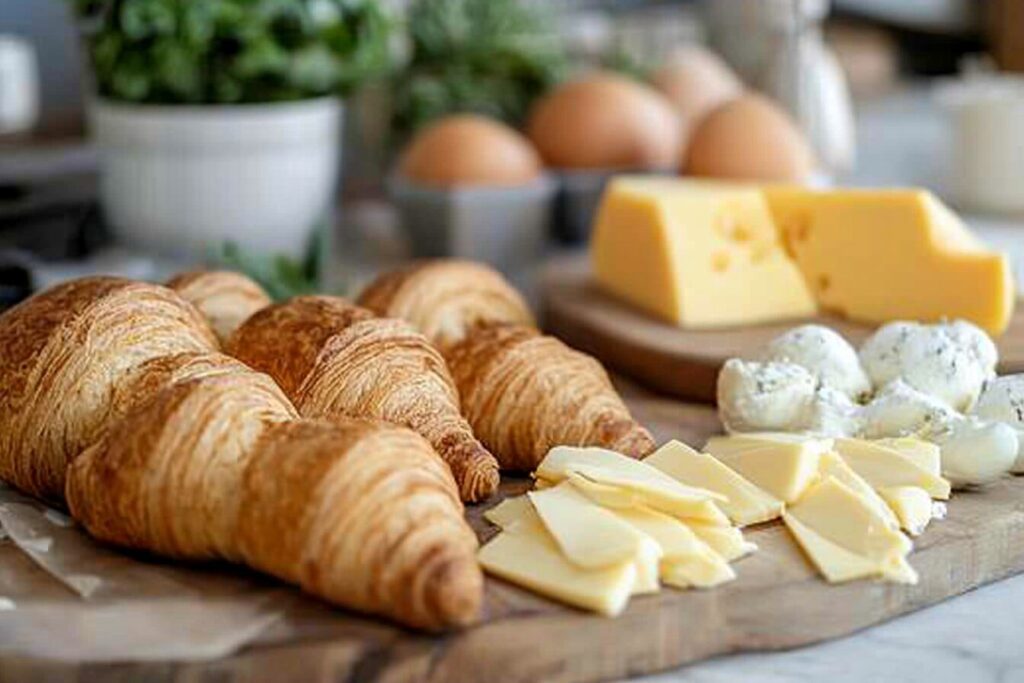 Close-up of a croissant with scrambled eggs and melted cheese.