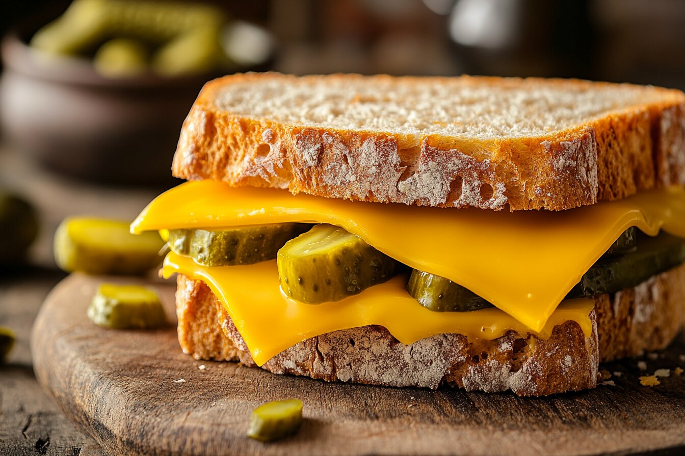 Cheese and pickle sandwich on a wooden cutting board