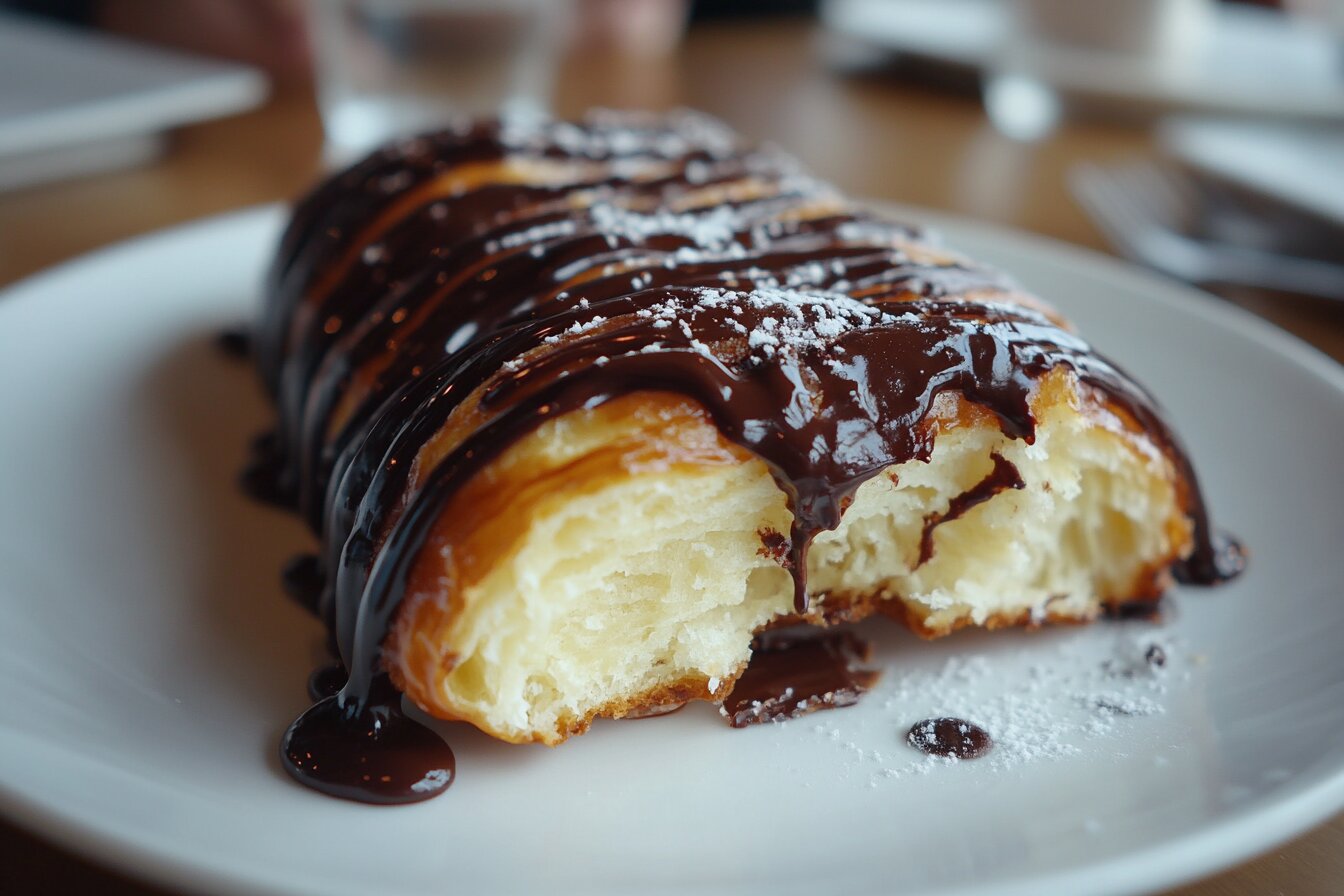 Classic chocolate-topped long john donut with a bite taken out