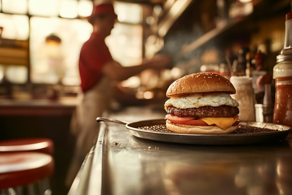 A cook in a vintage diner preparing a classic egg-topped burger.