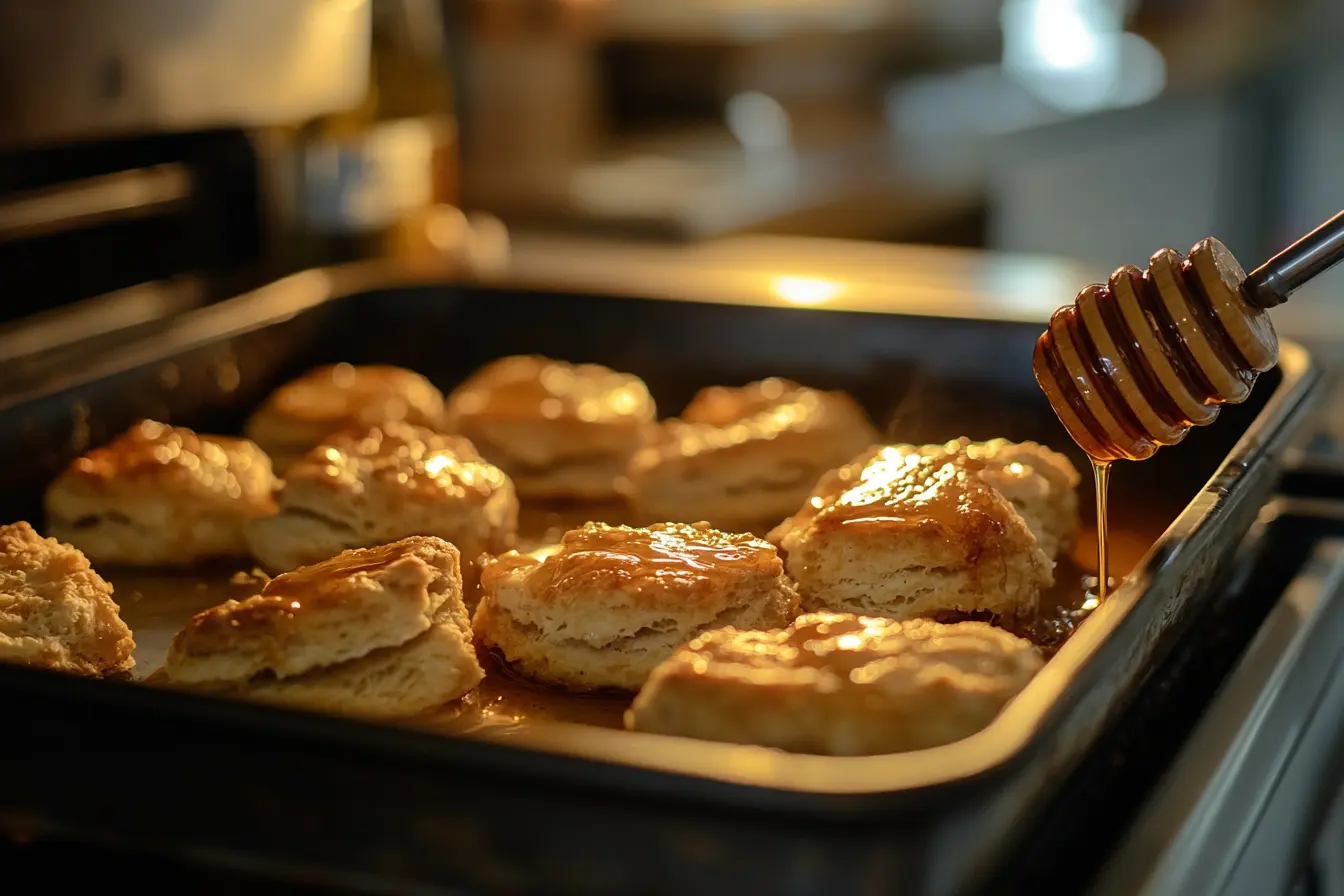 Honey butter chicken biscuit on a wooden table.