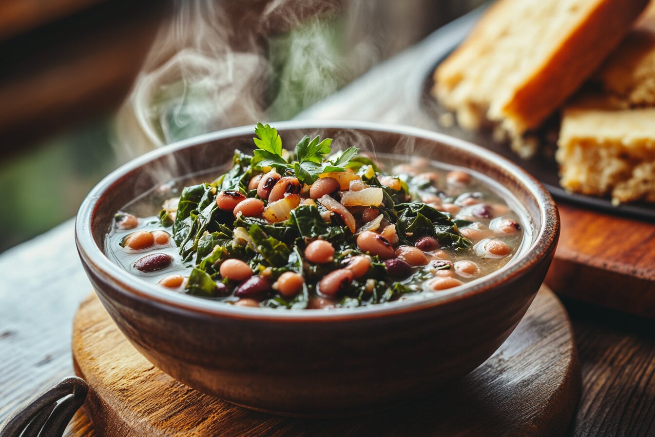 Bowl of black-eyed peas and collard greens with cornbread.