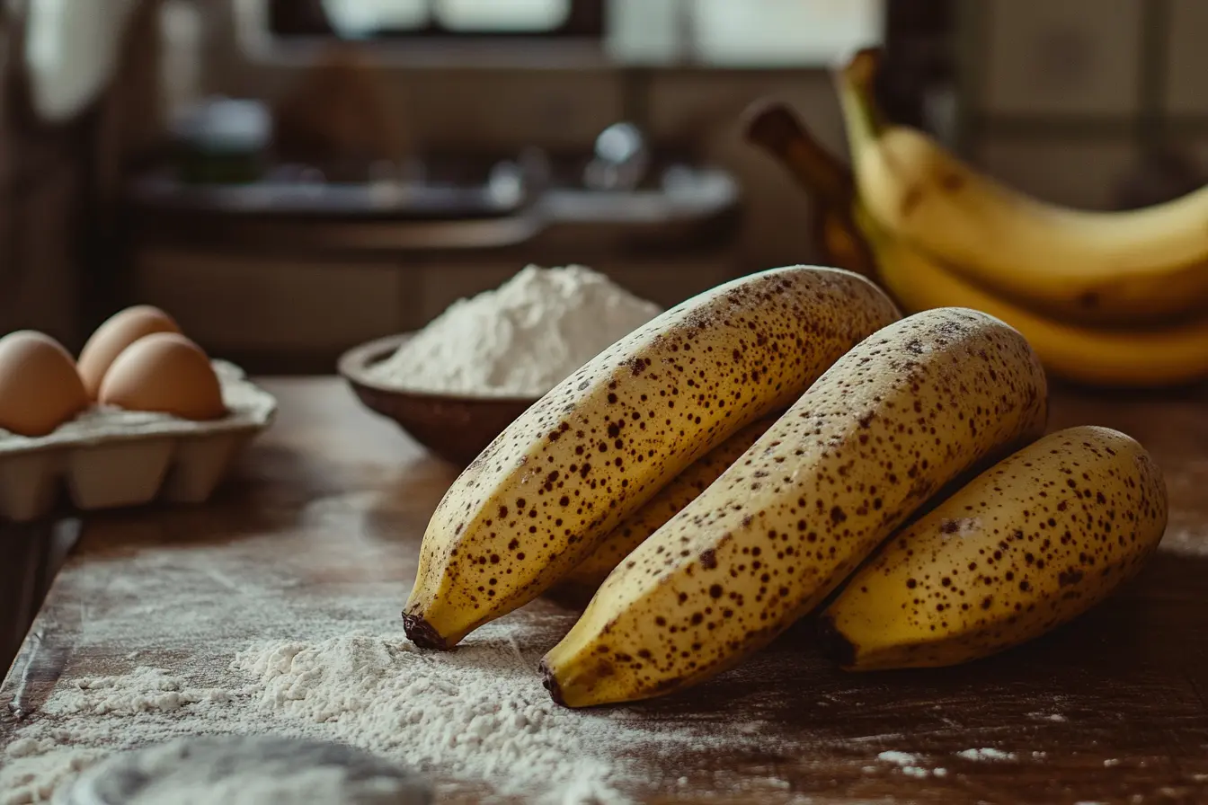 A close-up of ripe bananas with speckled yellow skins on a rustic wooden countertop, with flour and eggs softly blurred in the background.