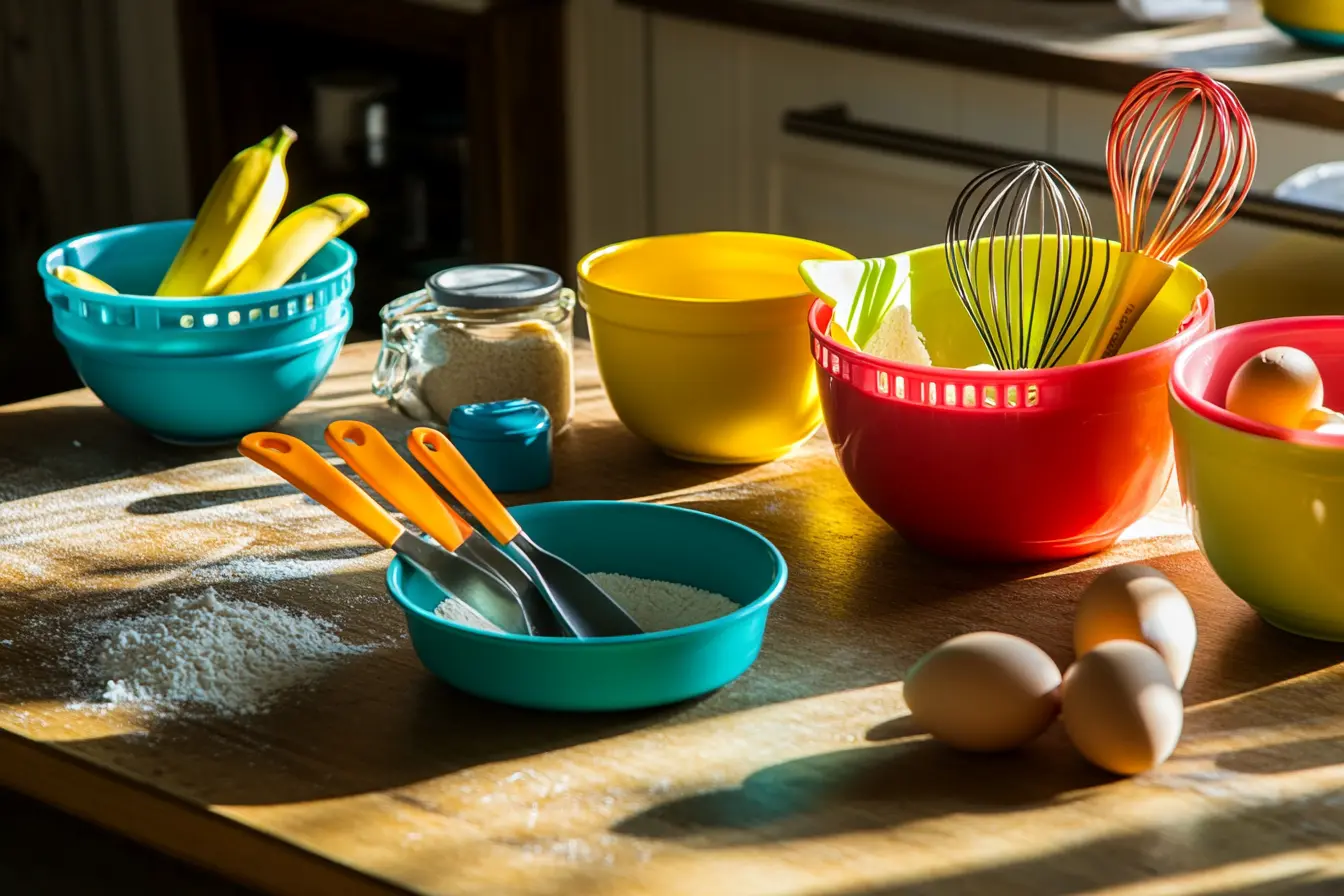 Colorful kitchen tools like measuring cups, mixing bowls, a whisk, and a spatula arranged on a wooden countertop with bananas, flour, and eggs, illuminated by warm light.