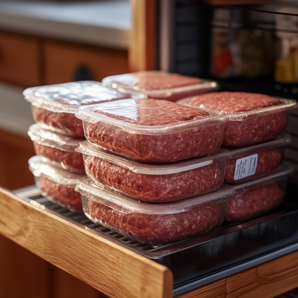 Packaged frozen hamburger patties in a freezer.