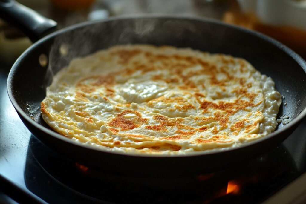 Cooking cottage cheese and egg flatbread in a skillet, showing crispy edges