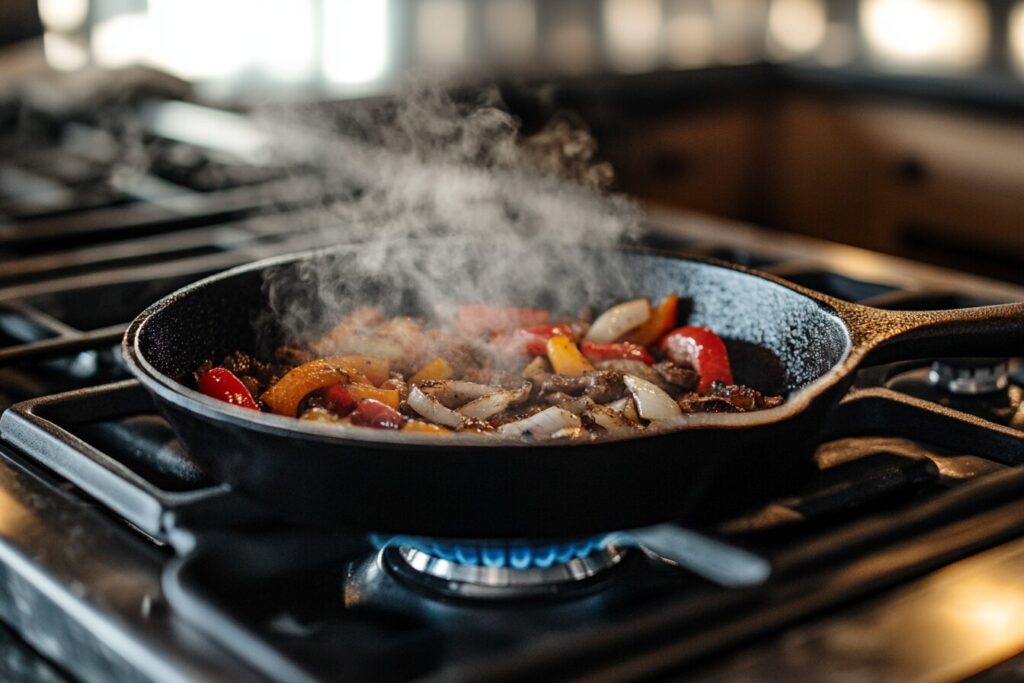 Fajita veggies cooking in a cast iron skillet