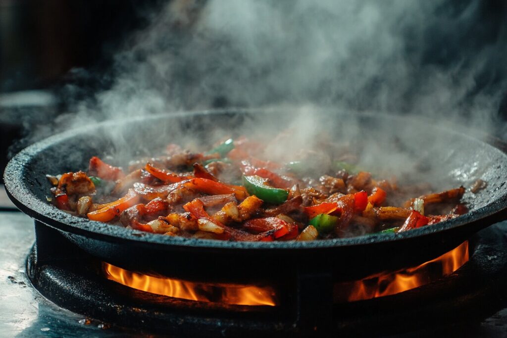 Fajita veggies being sautéed in a hot skillet.