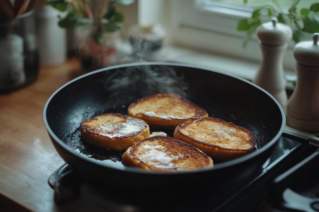 Vegan egg French toast cooking on a skillet