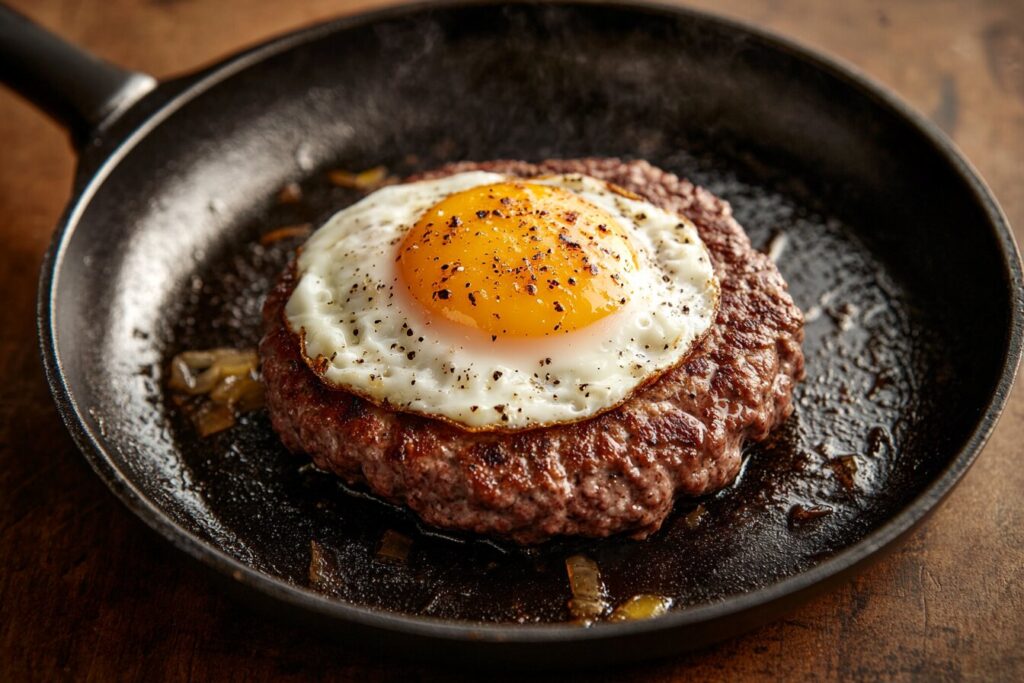 Cooking beef patty with fried egg on a skillet