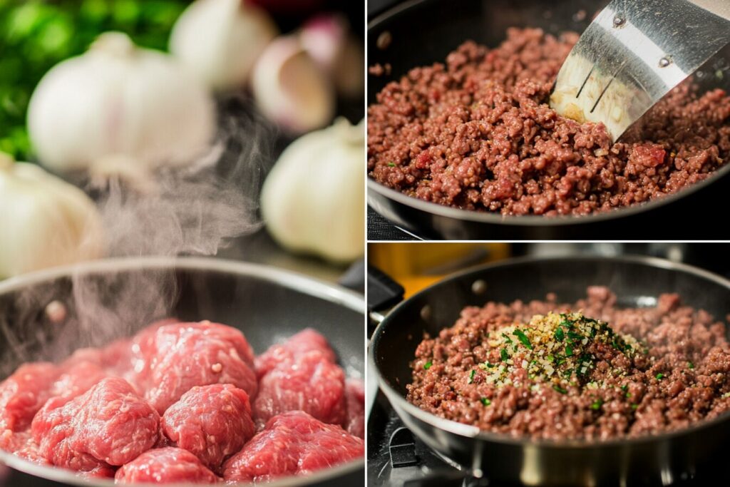 Cooking ground beef with garlic and seasonings for hamburger mac and cheese.