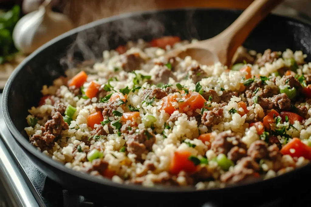 A skillet filled with a savory low-carb stuffing mix for bell peppers.