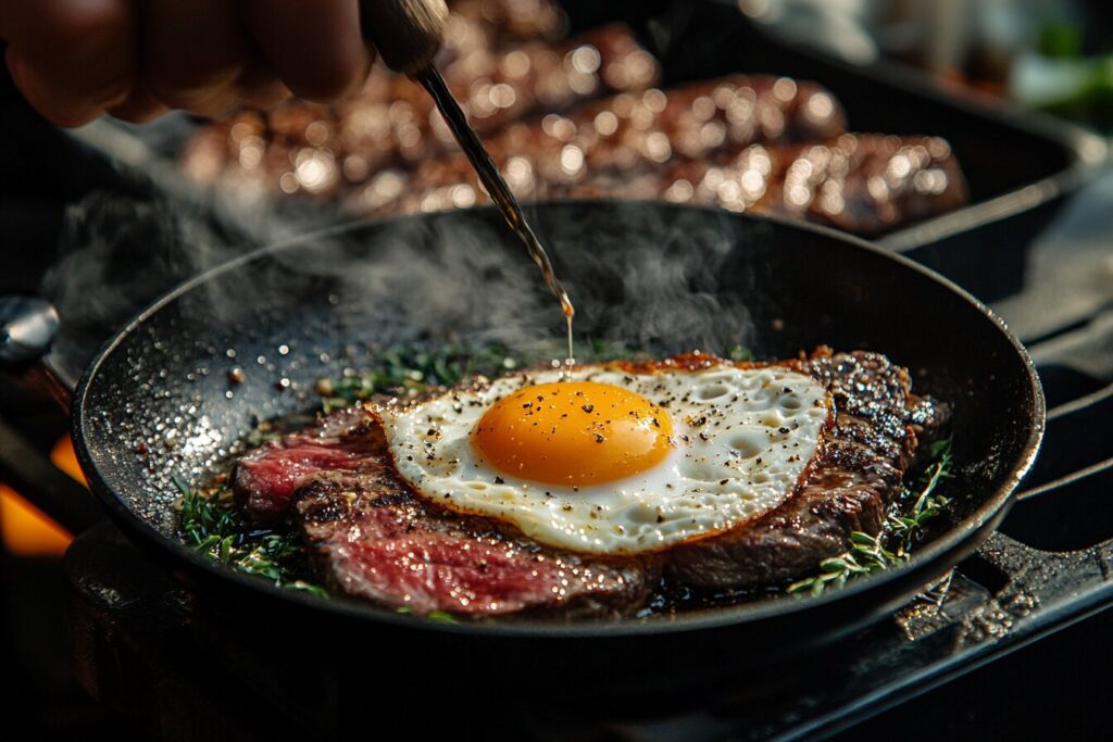 Cooking a perfect fried egg with grilled steak slices in the background