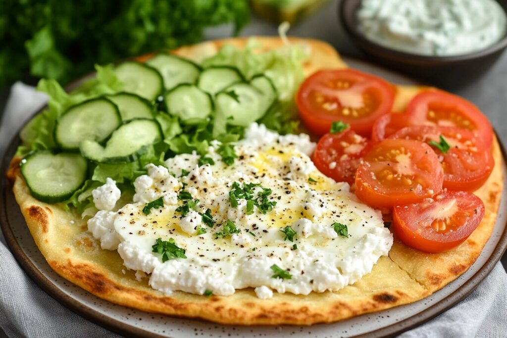 Cottage cheese and egg flatbread topped with fresh veggies and served with tzatziki dip