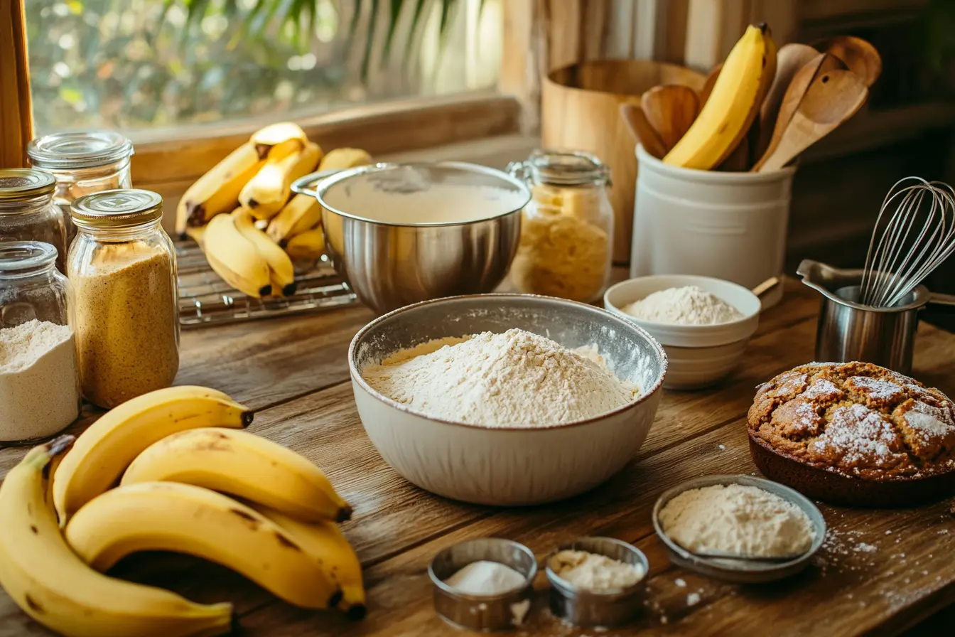 A cozy kitchen scene with a wooden table featuring ripe bananas, measuring cups, bowls of flour and sugar, a homemade banana bread mix jar, a mixing bowl with a whisk, and freshly baked banana bread cooling on a rack, illuminated by natural light.