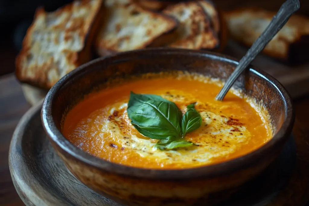 A creamy bowl of tomato soup paired with grilled cheese.