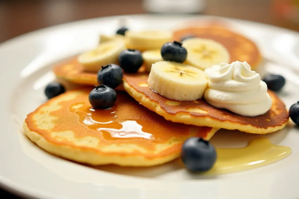  Colorful pancakes with fresh fruit and whipped cream toppings.