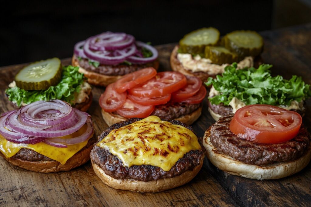 Homemade burgers with various toppings.