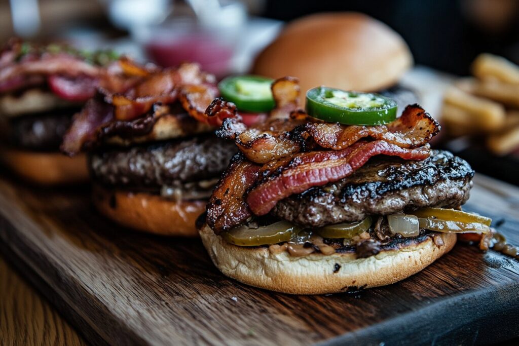 Assorted burger toppings on a wooden board.