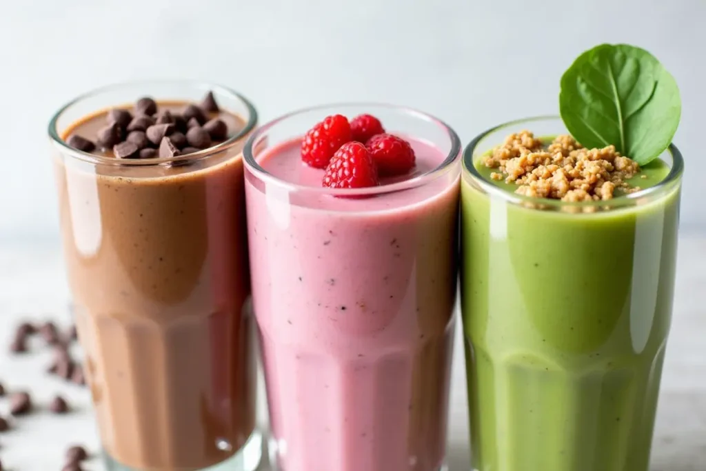 Three variations of peanut butter smoothies with creative toppings.