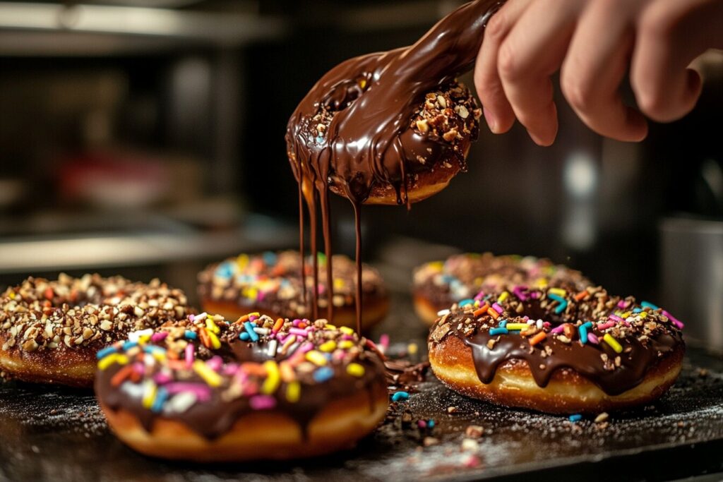 Decorating chocolate frosted donuts with sprinkles and drizzled chocolate