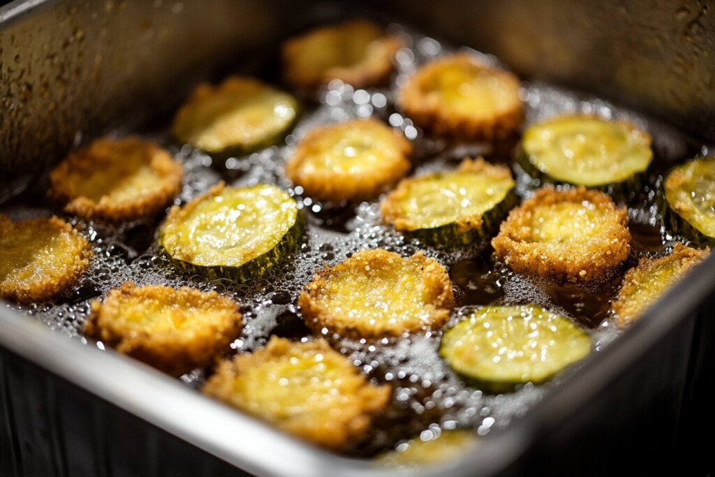 Frozen fried pickles deep-frying in hot oil