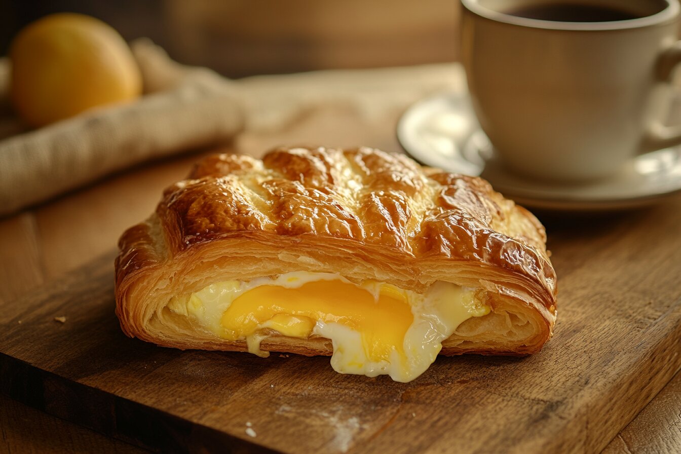 Egg and cheese croissant on a wooden cutting board with coffee.