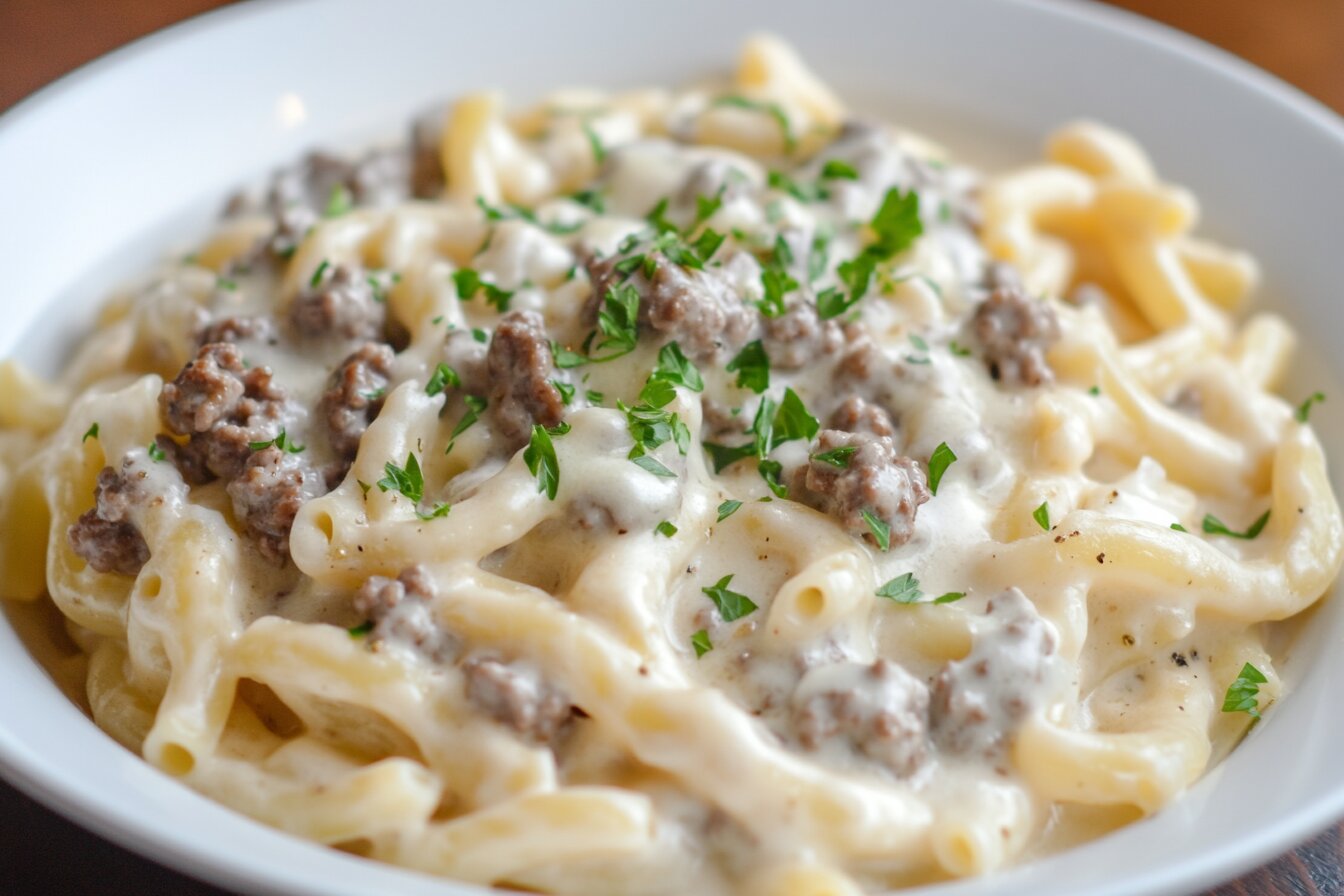 Fresh hamburger mac and cheese served on a plate with a creamy cheese sauce.