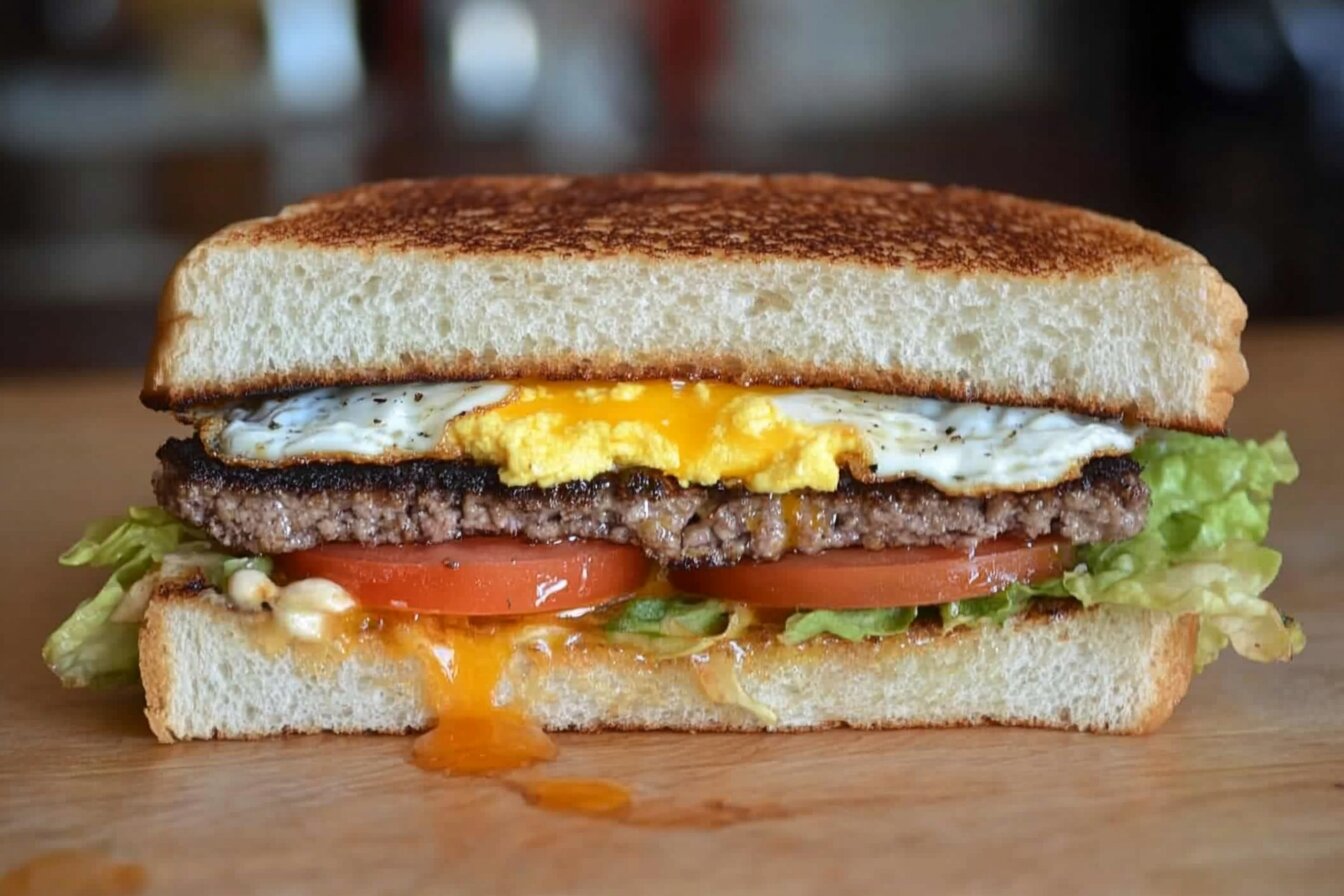 Homemade egg burger with fried egg, lettuce, tomato, and toasted bun