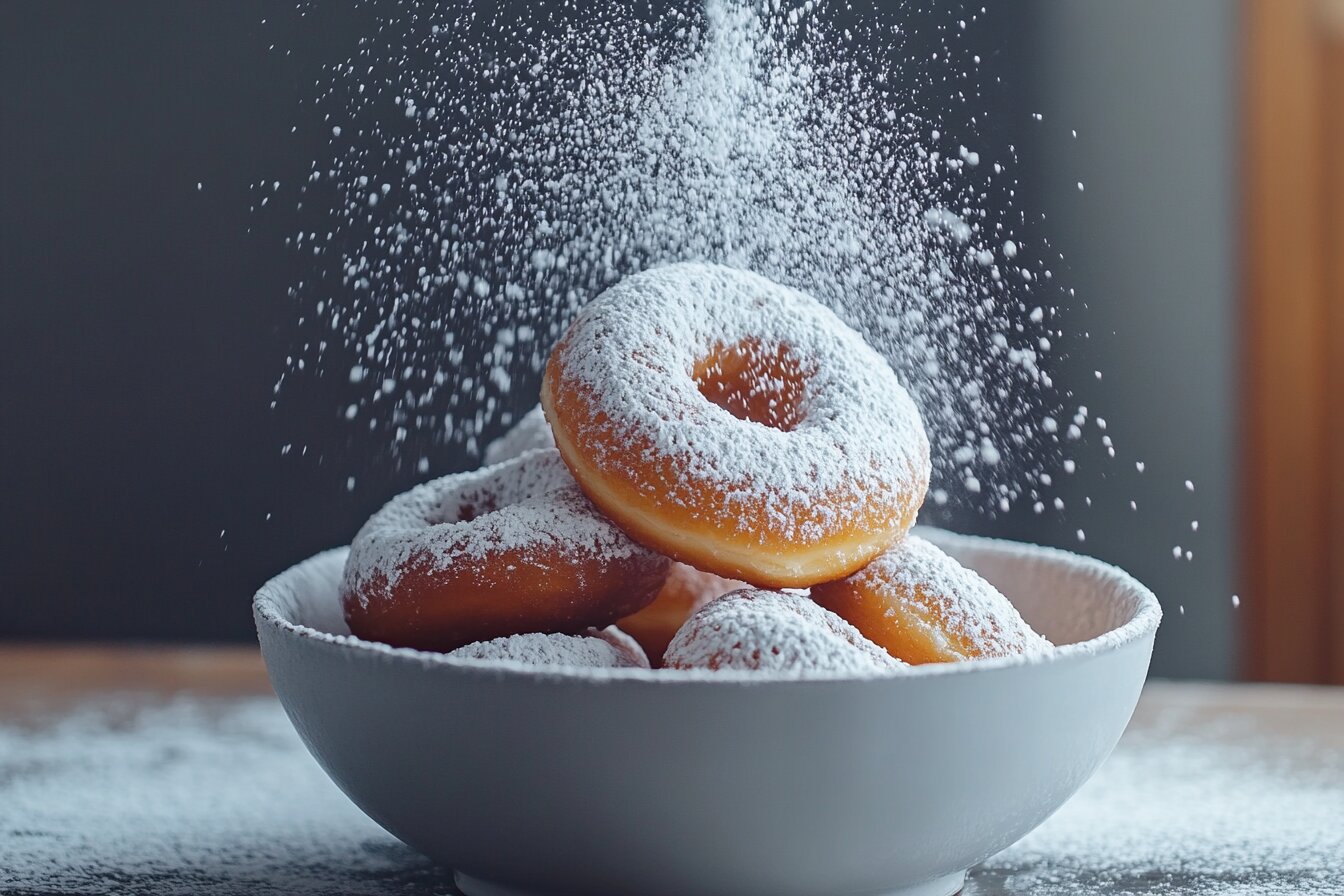 Fresh powdered donuts coated with confectioner's sugar.