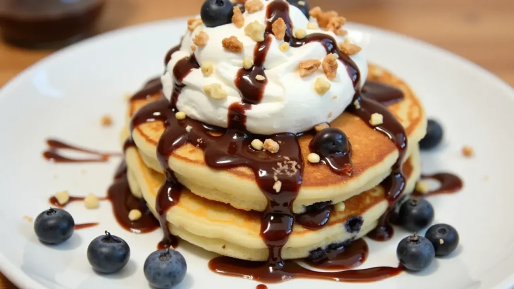 Blueberry pancakes with whipped cream and chocolate syrup.