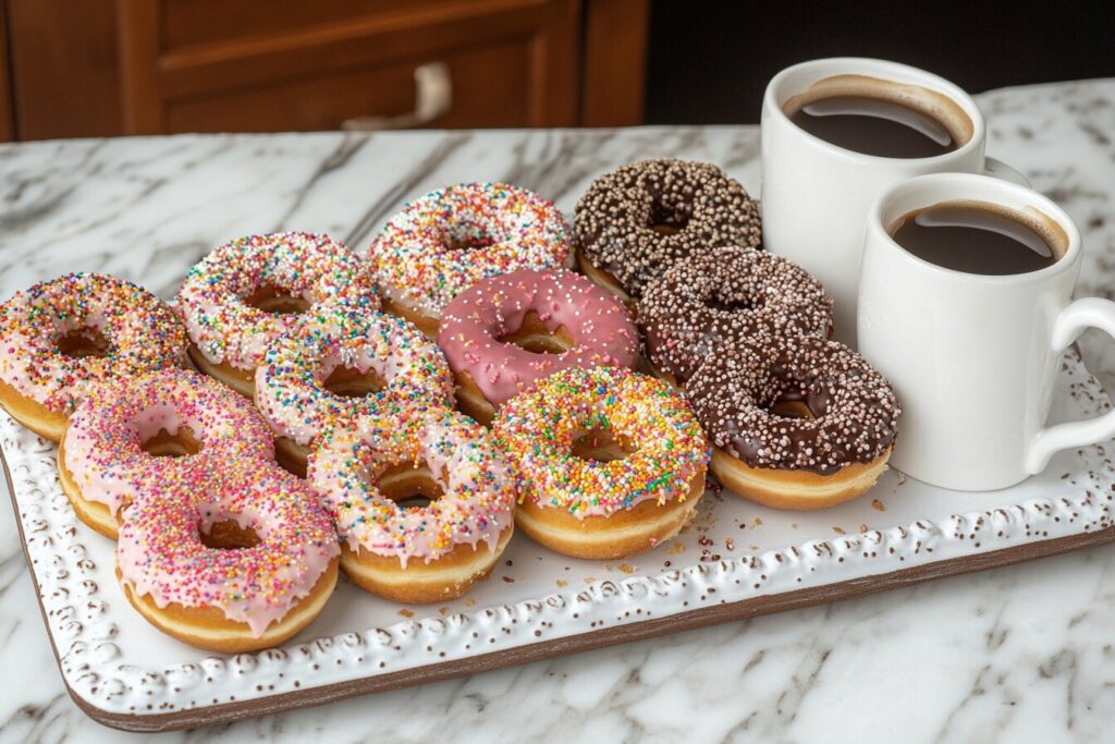 Assorted sprinkled donuts with coffee for breakfast or brunch