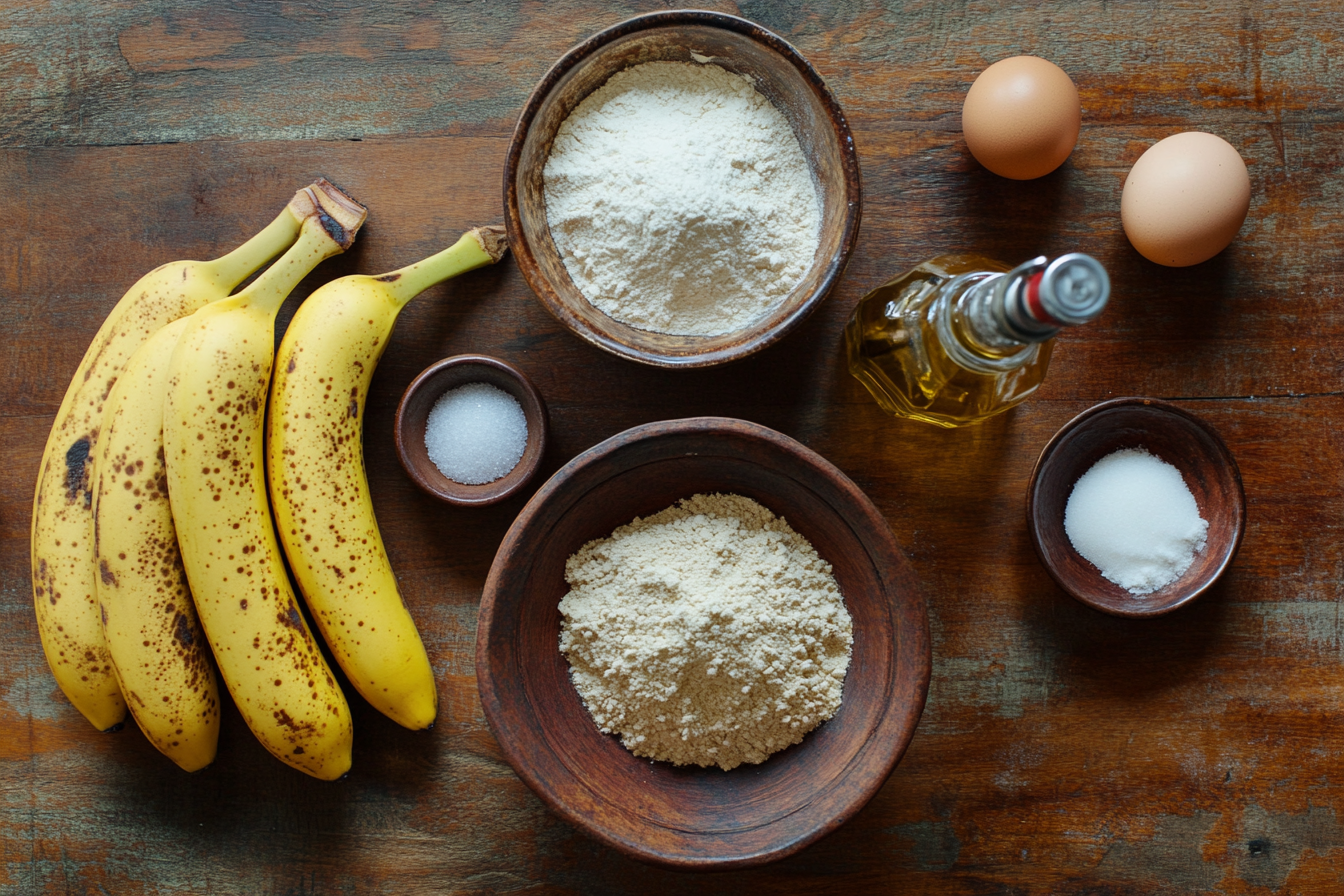 Flat lay of banana bread ingredients: ripe bananas, flour, eggs, sugar, baking soda, and oil on a wooden countertop.