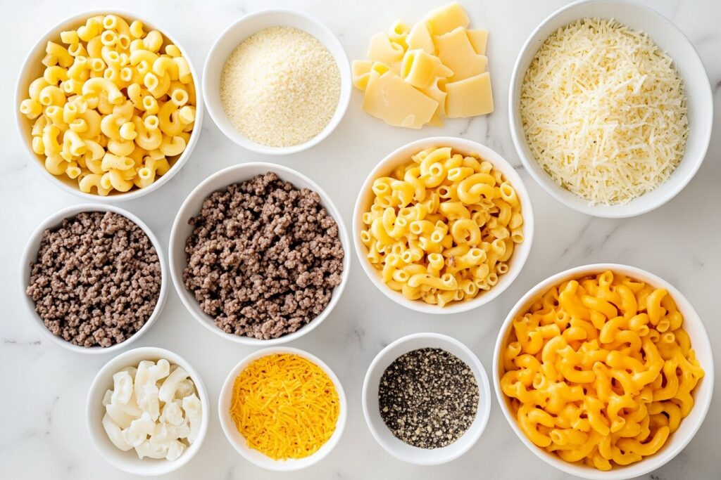 Key ingredients for making hamburger mac and cheese.