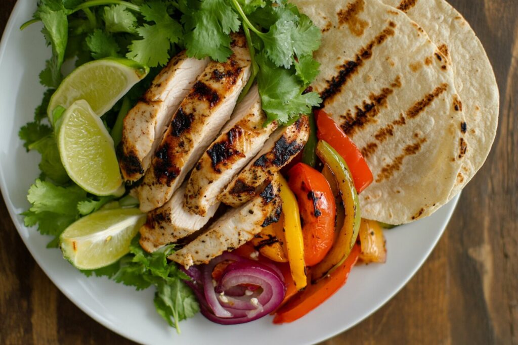 Plated fajita veggies with grilled chicken and tortillas.