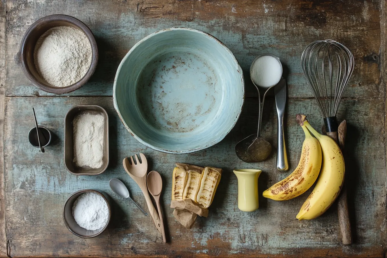 A flat lay of banana bread baking tools and ingredients, including a mixing bowl, measuring cups and spoons, a whisk, a loaf pan, overripe bananas, flour, sugar, and a wooden spoon, arranged on a rustic wooden kitchen countertop illuminated by soft natural light.