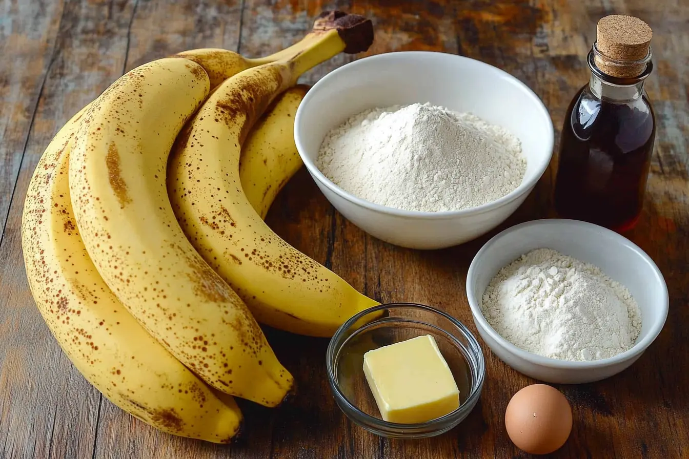 A flat lay of ripe bananas, flour in a white bowl, a cracked egg, butter, sugar in a jar, baking soda in a dish, and vanilla extract in a bottle on a rustic wooden countertop with warm natural lighting.