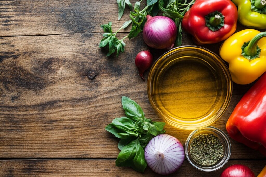 Fresh bell peppers, red onions, oregano, and vegetable oil