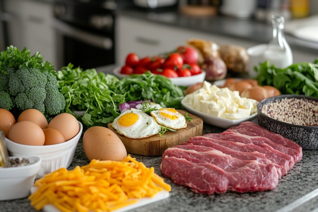 Fresh ingredients for making steak egg and cheese bagel, including steak, eggs, cheese, and bagels