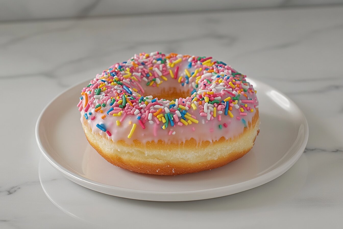 Freshly made sprinkled donut with colorful icing and sprinkles