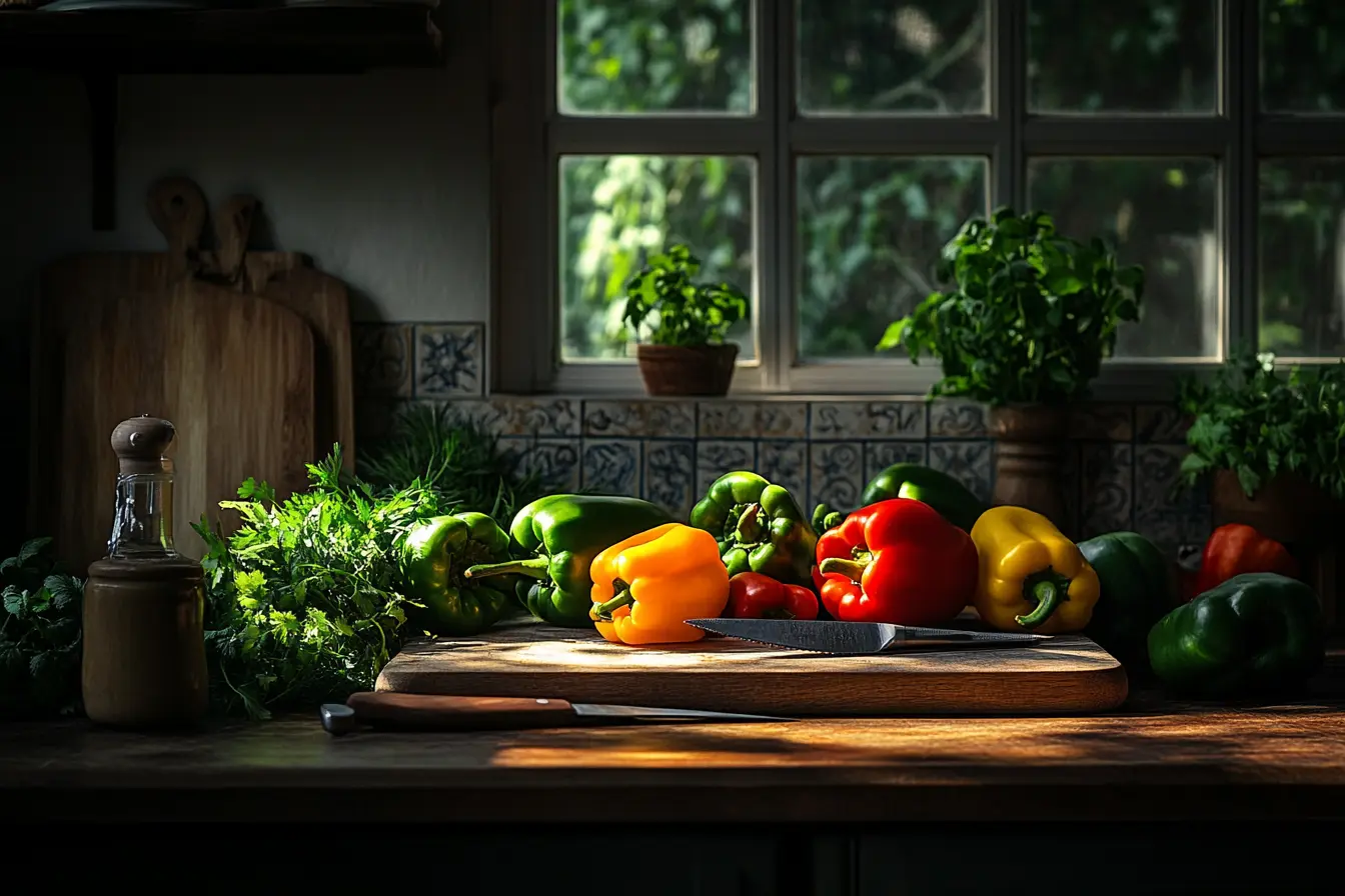 A variety of fresh, colorful bell peppers on a wooden counter with cooking utensils.