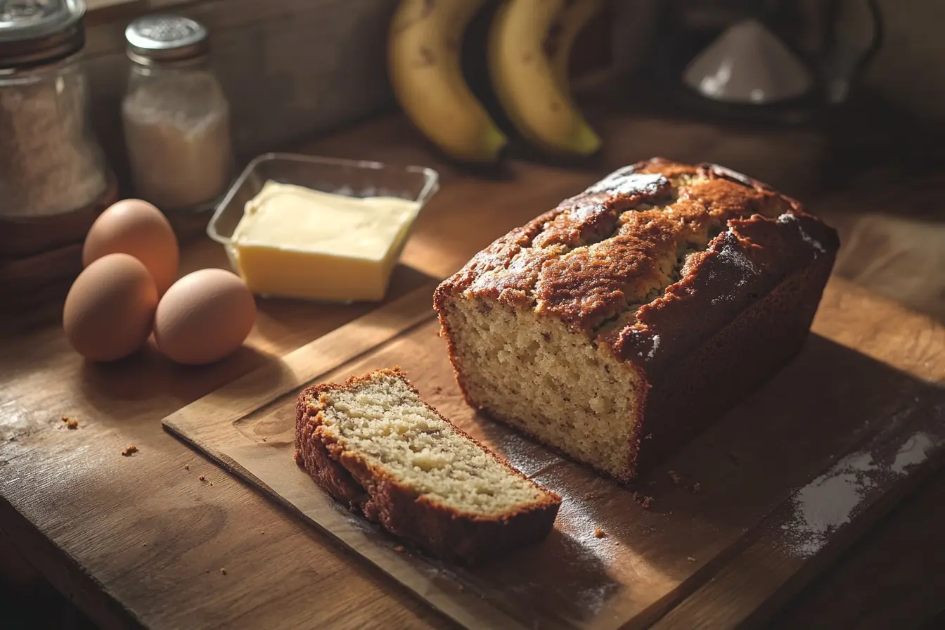 Freshly baked banana bread loaf sliced on a wooden cutting board with ingredients nearby.