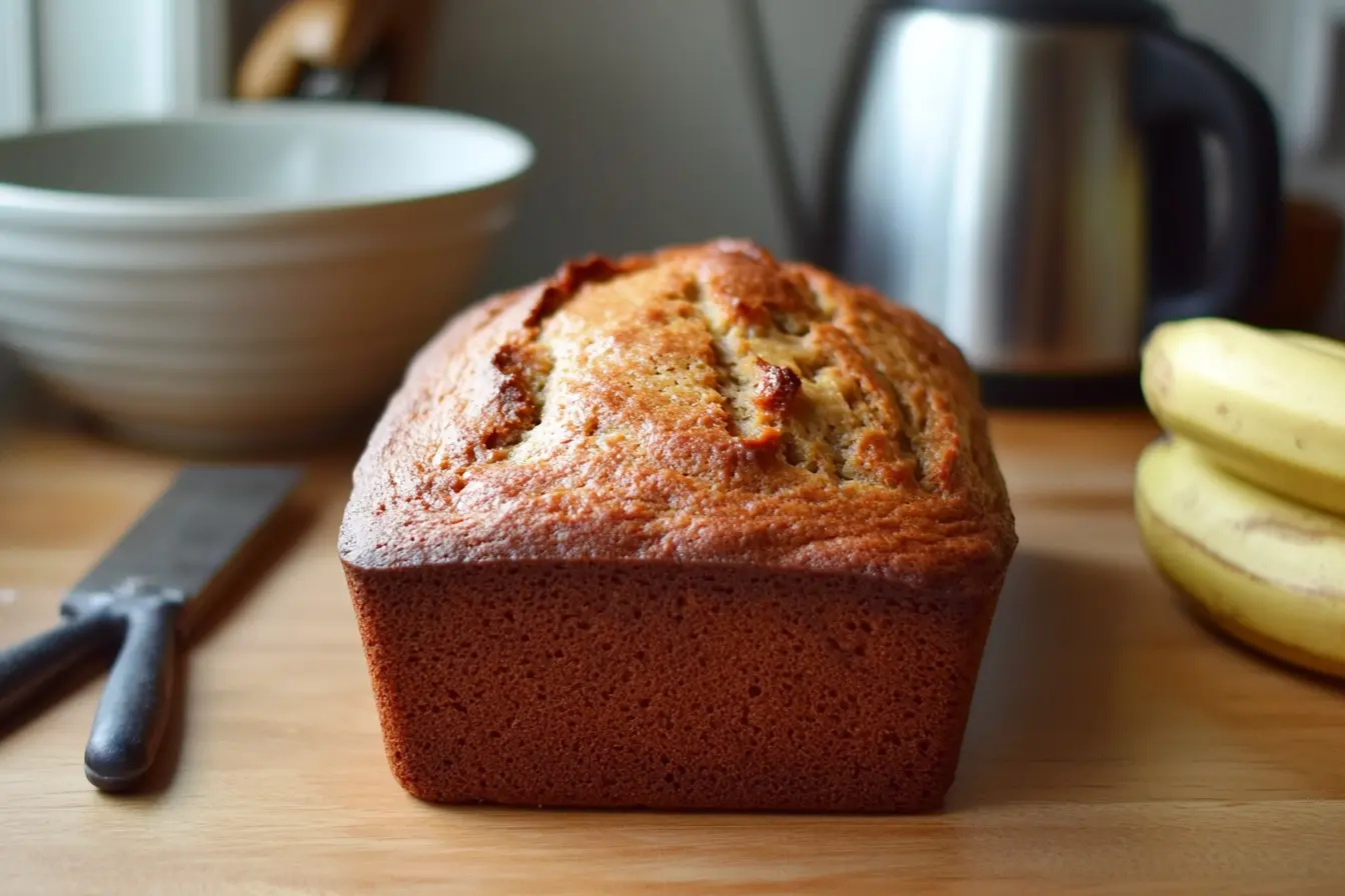 A golden-brown loaf of banana bread made with frozen bananas, surrounded by ripe bananas and baking tools on a wooden countertop.